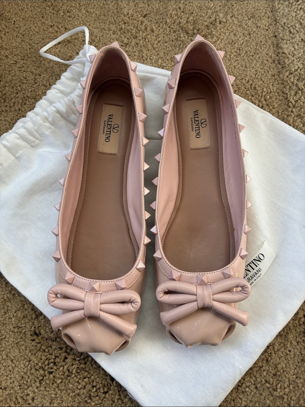 Valentino Garavani Blush Pink Rockstud Bow Leather Ballet Flats